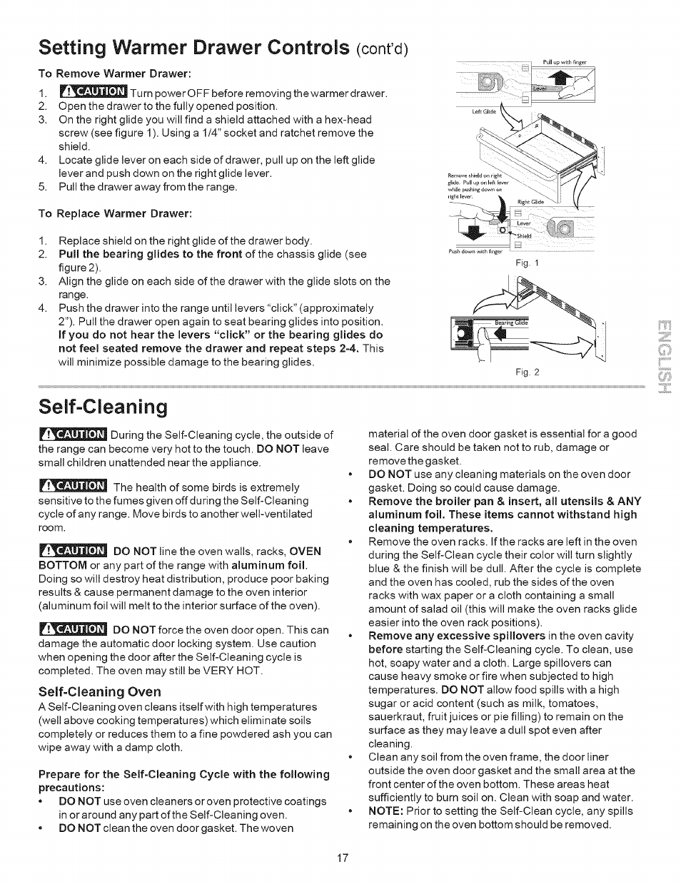 To remove warmer drawer, To replace warmer drawer, Seif-cleaning oven | Setting warmer drawer controls, Self "cleaning, Cont’d) | Kenmore 790.9643 User Manual | Page 17 / 23