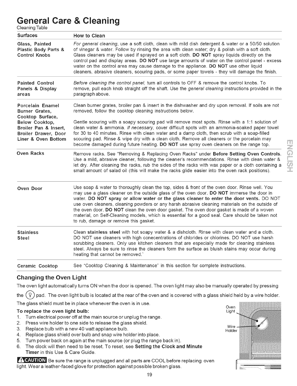 Generai care & cleaning, Changing the oven light, Control knobs | Do not, Painted, Panels & display areas, Oven racks, Before setting, Controls, Oven door | Kenmore 790.9643 User Manual | Page 19 / 23