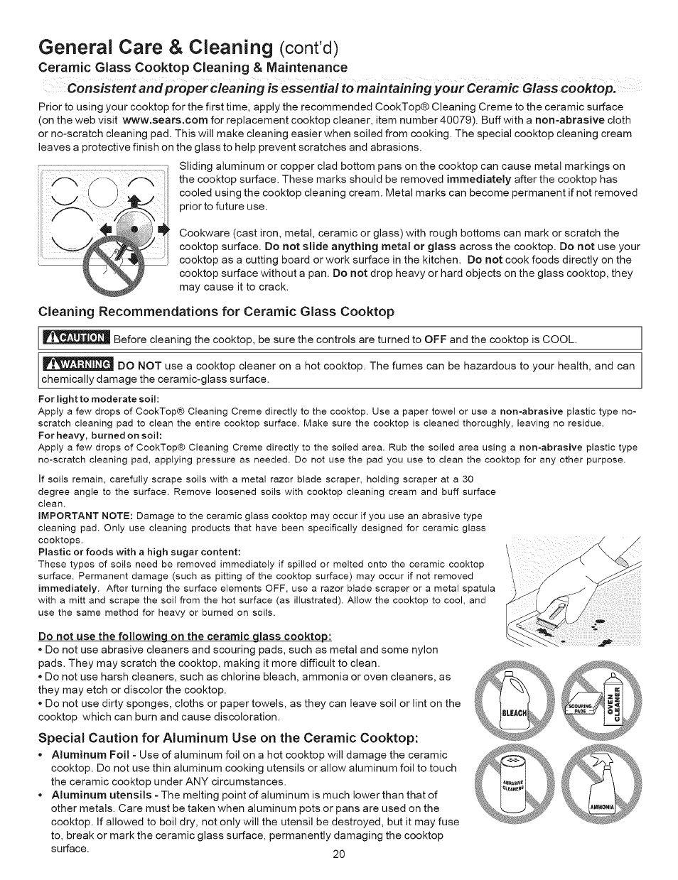 Cleaning recommendations for ceramic glass cooktop, General care & cleaning, Cont’d) | Iiwarning | Kenmore 790.9643 User Manual | Page 20 / 23