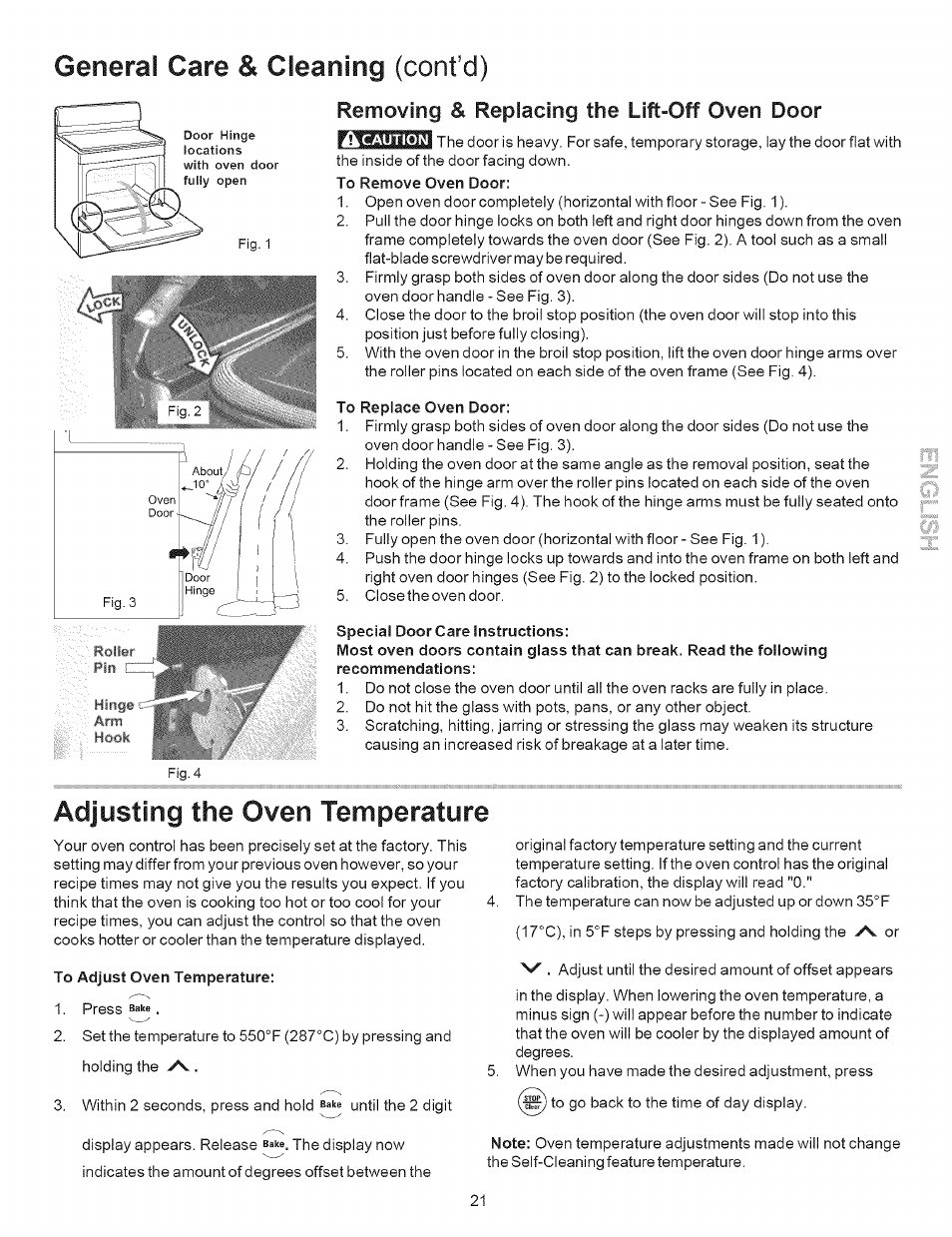 Caution, To replace oven door, Special door care instructions | To adjust oven temperature, General care & cleaning (cont’d), Adjusting the oven temperature, Recommendations, Removing & replacing the lift-off oven door | Kenmore 790.9643 User Manual | Page 21 / 23