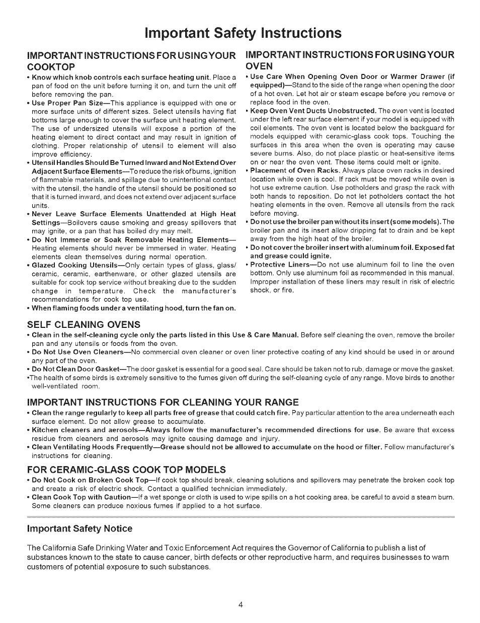 Important instructions for usingyour oven, Self cleaning ovens, Important instructions for cleaning your range | For ceramic-glass cook top models, Important safety notice, Important safety instructions, Important instructions for using your cooktop | Kenmore 790.9643 User Manual | Page 4 / 23