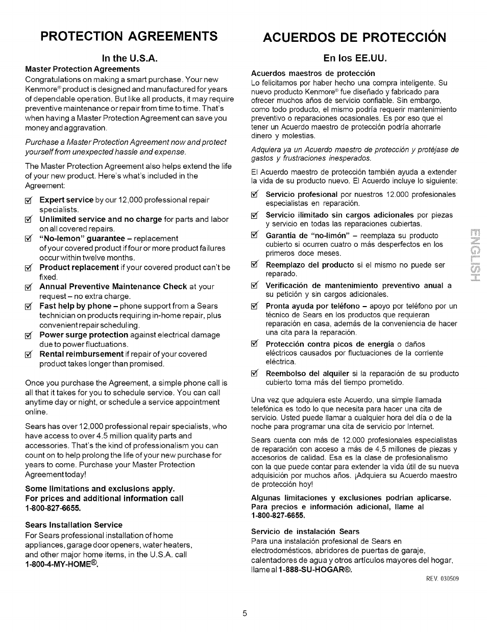 In the u.s.a, Sears installation service, En los ee.uu | 0f protección contra picos de energía o daños, Servicio de instalación sears, Protection agreements acuerdos de proteccion, Master protection agreements, Expert service, Unlimited service and no charge, No-lemon” guarantee | Kenmore 790.9643 User Manual | Page 5 / 23