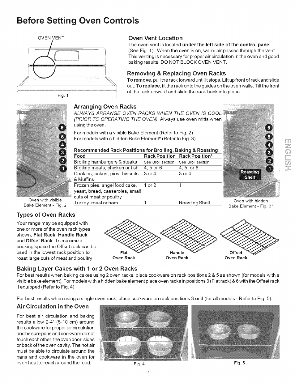 Oven vent location, Removing & replacing oven racks, Arranging oven racks | Types of oven racks, Baking layer cakes with 1 or 2 oven racks, Air circulation in the oven, Before setting oven controls, Shelf | Kenmore 790.9643 User Manual | Page 7 / 23