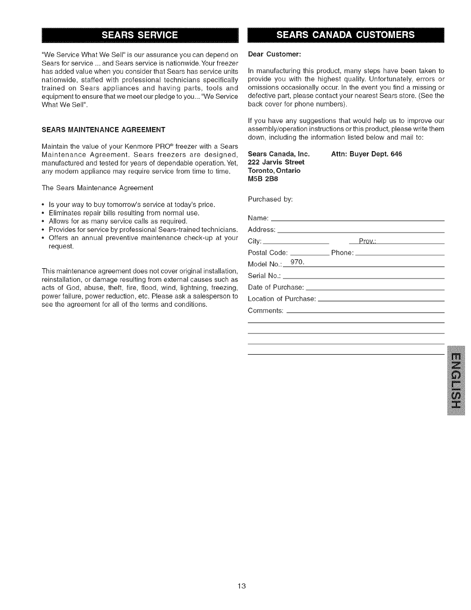 Sears canada customers | Kenmore 25344133802 User Manual | Page 13 / 13