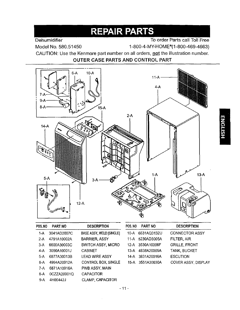 Repair parts, Outer case parts and control part | Kenmore 580.5145 User Manual | Page 11 / 13