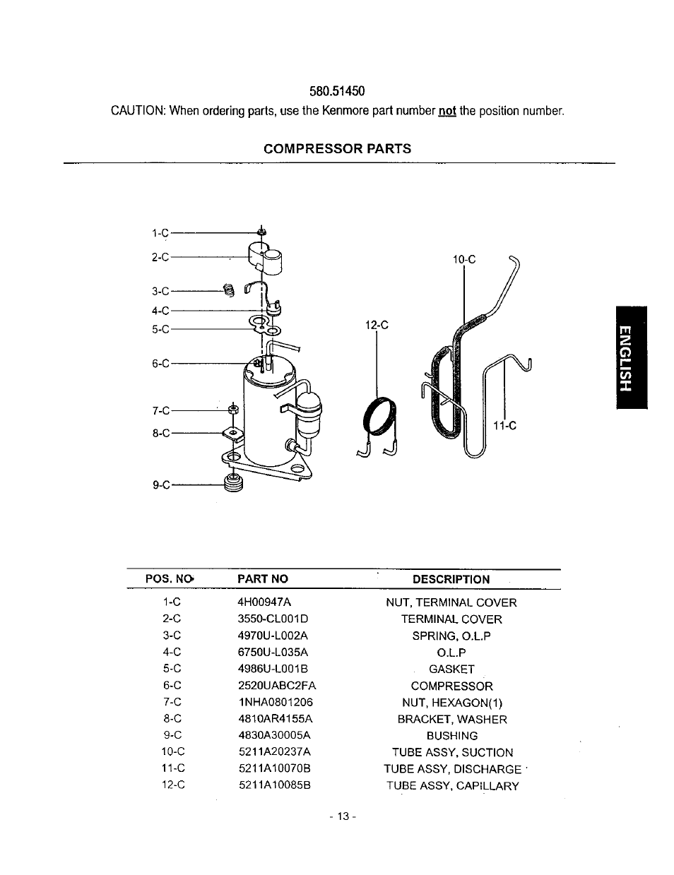 Compressor parts | Kenmore 580.5145 User Manual | Page 13 / 13