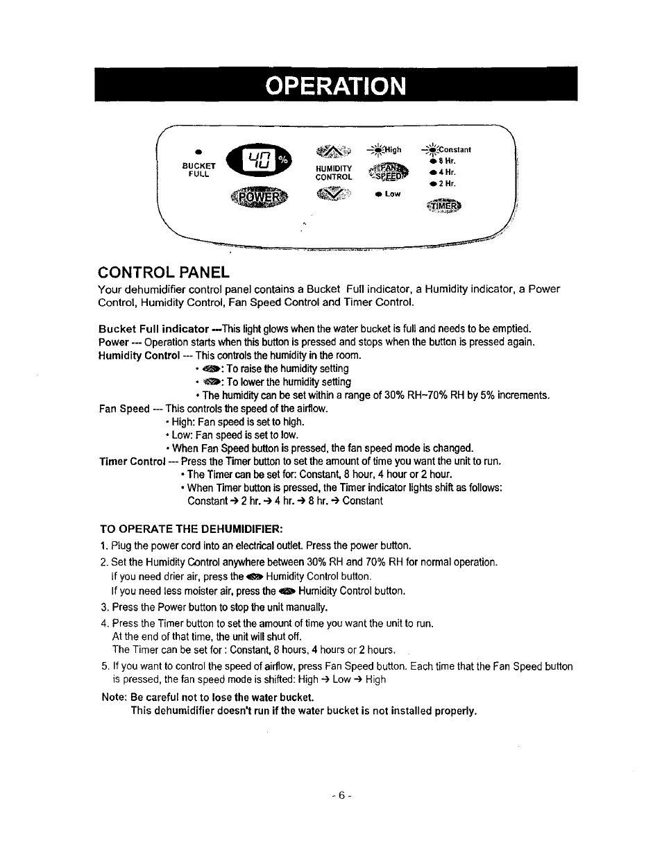 Operation, Control panel | Kenmore 580.5145 User Manual | Page 6 / 13