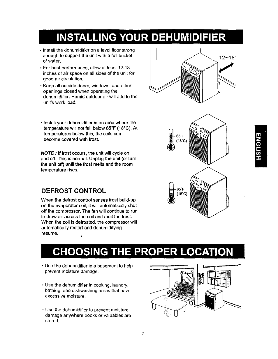 Installing your dehumidifier, Choosing the proper location, Defrost control | Kenmore 580.5145 User Manual | Page 7 / 13