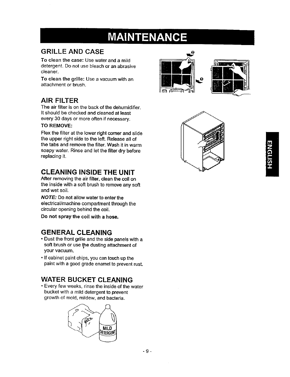 Maintenance, Grille and case, Air filter | Cleaning inside the unit, General cleaning, Water bucket cleaning | Kenmore 580.5145 User Manual | Page 9 / 13