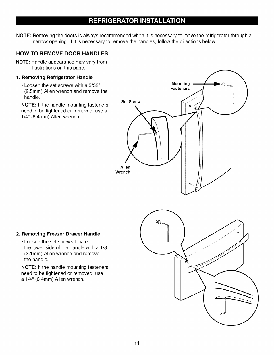 How to remove door handles, Removing refrigerator handie, Removing freezer drawer handie | Refrigerator installation | Kenmore ELITE 795.7105 User Manual | Page 11 / 46