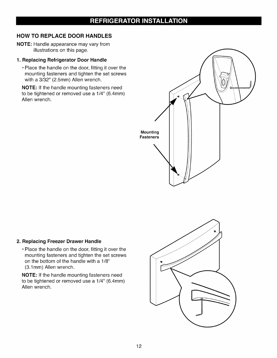 How to replace door handles, Replacing refrigerator door handle, Replacing freezer drawer handle | Refrigerator installation | Kenmore ELITE 795.7105 User Manual | Page 12 / 46