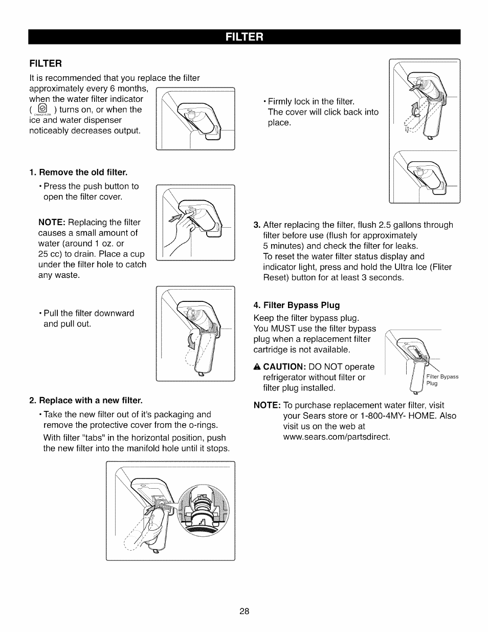 Filter, Remove the old filter, Replace with a new filter | Kenmore ELITE 795.7105 User Manual | Page 28 / 46