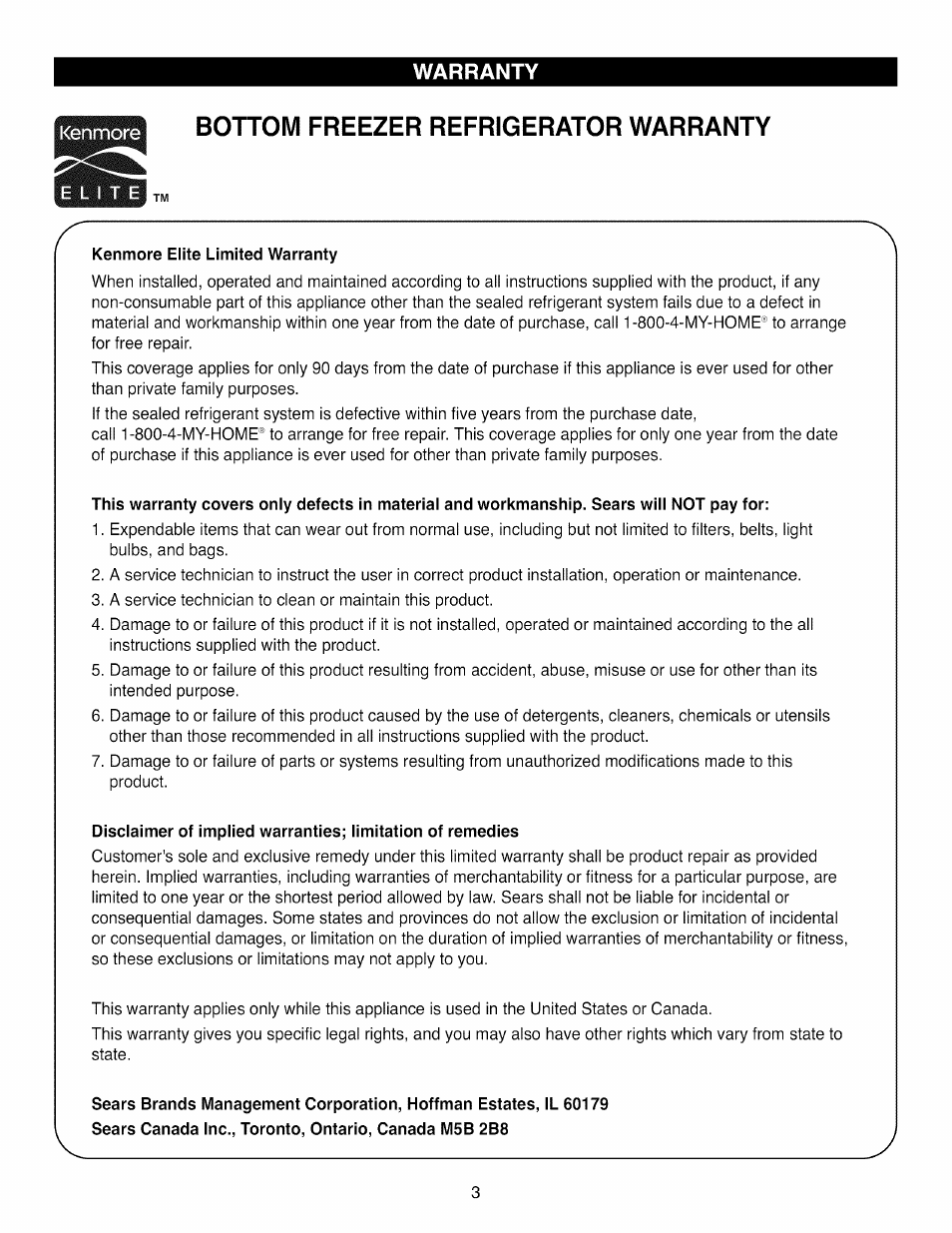 Bottom freezer refrigerator warranty, Kenmore elite limited warranty, Warranty | Kenmore ELITE 795.7105 User Manual | Page 3 / 46