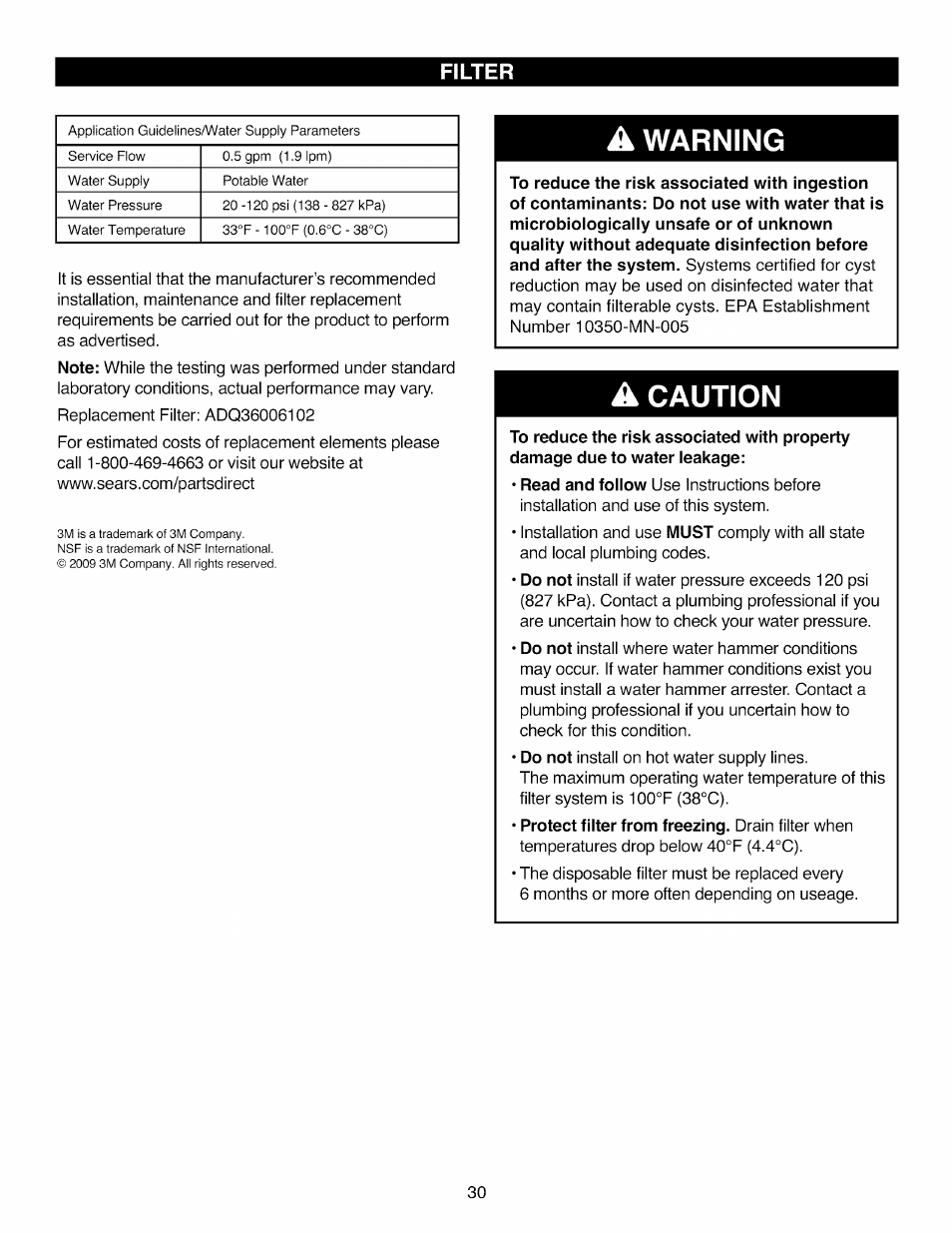A caution, Warning, Caution | Filter | Kenmore ELITE 795.7105 User Manual | Page 30 / 46
