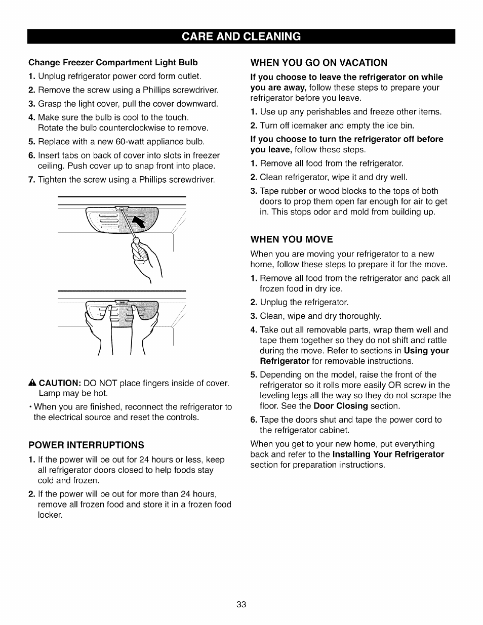 Care and cleaning, Change freezer compartment light bulb, Power interruptions | When you go on vacation, When you move | Kenmore ELITE 795.7105 User Manual | Page 33 / 46
