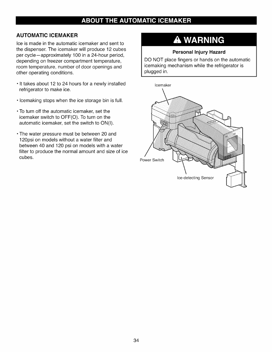 About the automatic icemaker, Automatic icemaker, Warning | Kenmore ELITE 795.7105 User Manual | Page 34 / 46