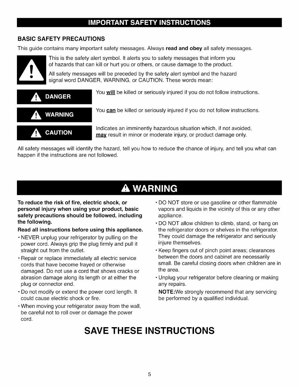 Basic safety precautions, A danger, A warning | A caution, Save these instructions | Kenmore ELITE 795.7105 User Manual | Page 5 / 46