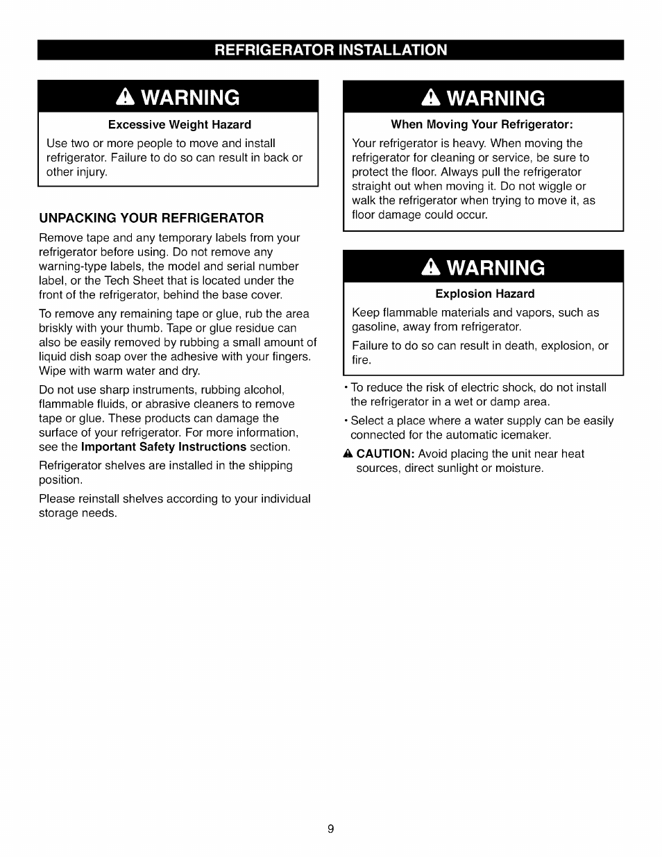 A warning, Excessive weight hazard, Unpacking your refrigerator | Explosion hazard, Warning | Kenmore ELITE 795.7105 User Manual | Page 9 / 46
