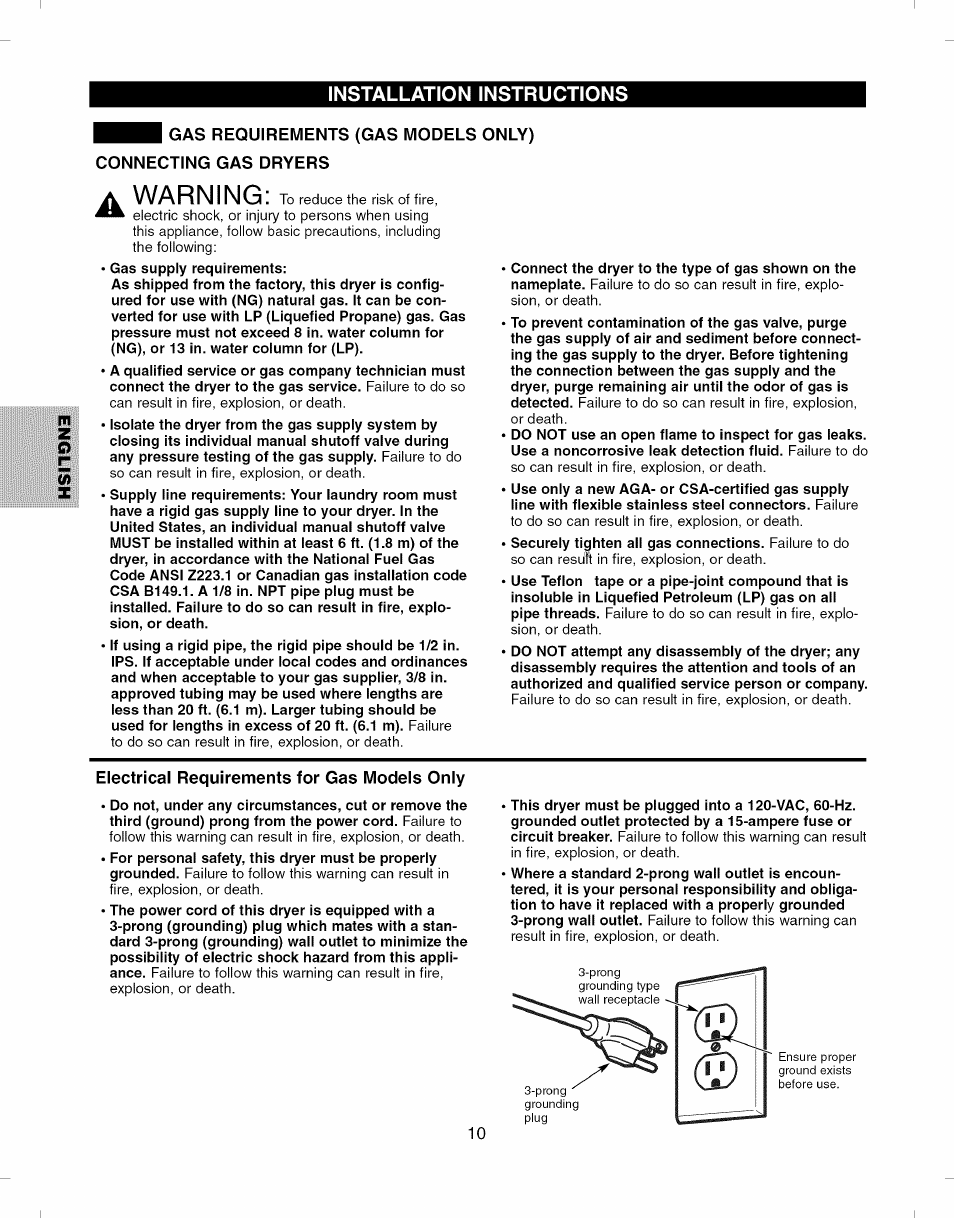 Electrical requirements for gas models only, Warning | Kenmore ELITE 796.8051 User Manual | Page 10 / 68