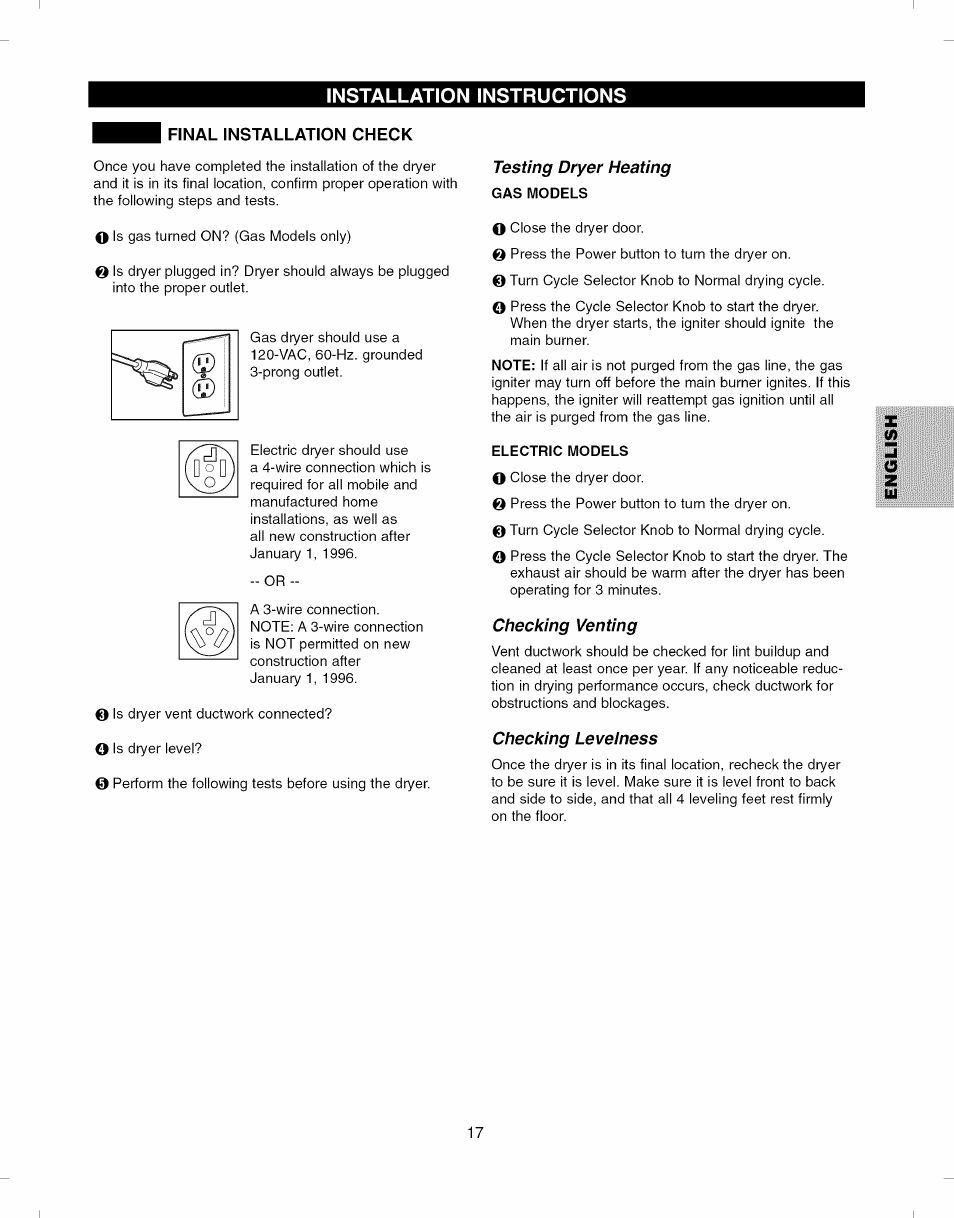 Final installation check, Gas models, Electric models | Kenmore ELITE 796.8051 User Manual | Page 17 / 68