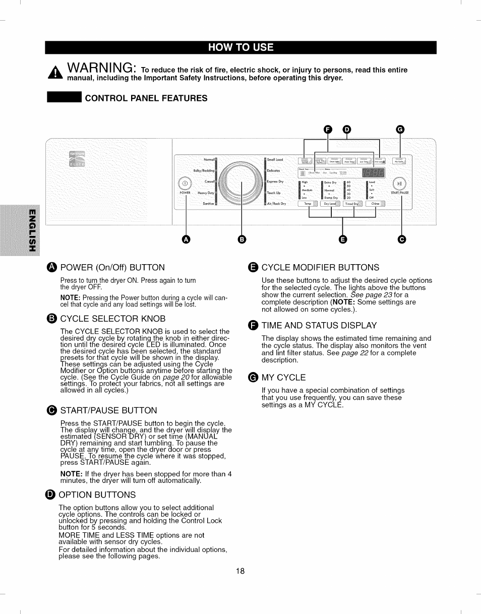 Control panel features, Warning | Kenmore ELITE 796.8051 User Manual | Page 18 / 68