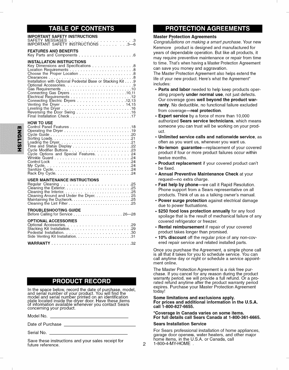 Table of contents protection agreements m, Product record | Kenmore ELITE 796.8051 User Manual | Page 2 / 68