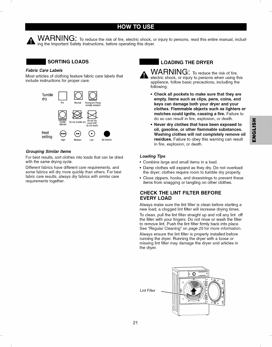 Sorting loads, Check the lint filter before every load, Warning | How to use | Kenmore ELITE 796.8051 User Manual | Page 21 / 68