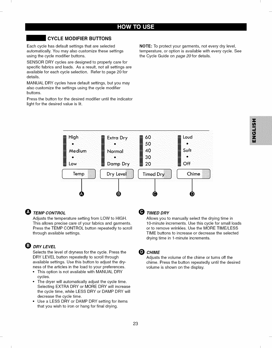 Cycle modifier buttons, High, Medium | Temp | Kenmore ELITE 796.8051 User Manual | Page 23 / 68