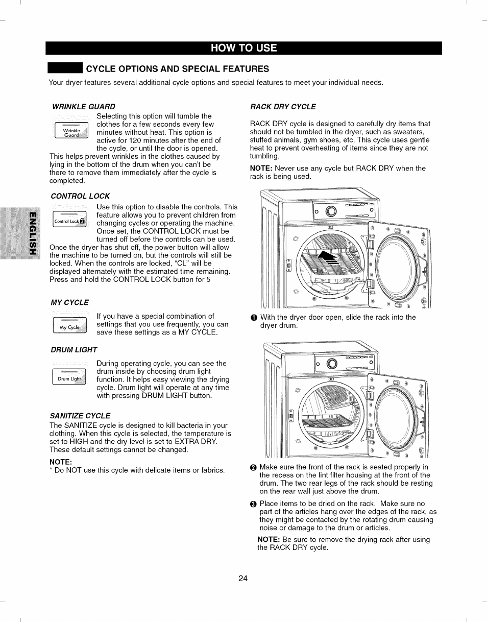 Cycle options and special features, Note, How to use | Kenmore ELITE 796.8051 User Manual | Page 24 / 68