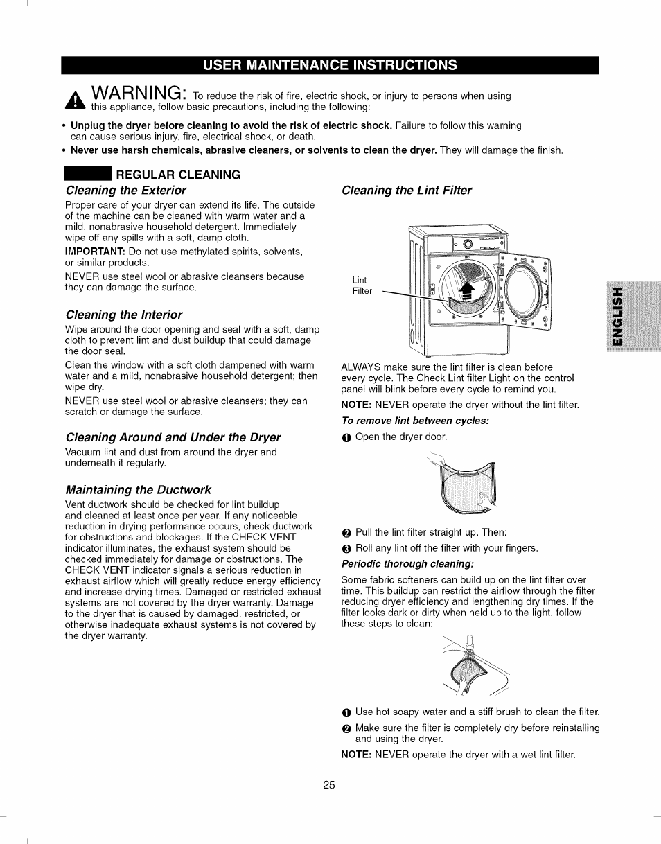 User maintenance instructions, Warning | Kenmore ELITE 796.8051 User Manual | Page 25 / 68