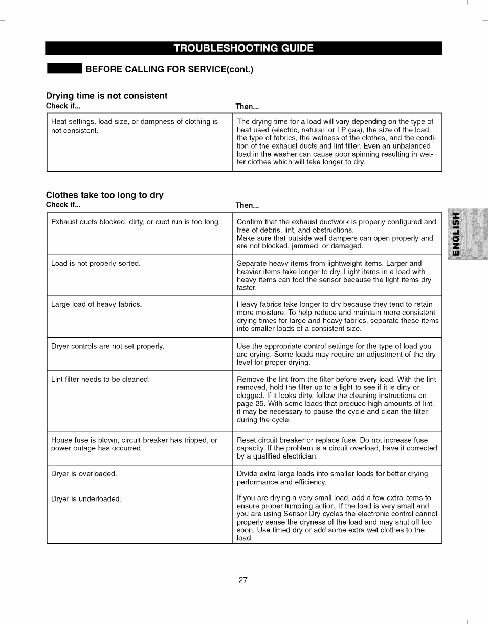 Drying time is not consistent, Then, Clothes take too long to dry | Troubleshooting guide | Kenmore ELITE 796.8051 User Manual | Page 27 / 68