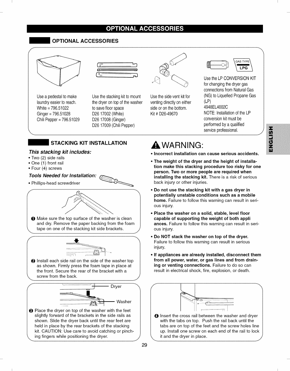 Optional accessories, Stacking kit installation, Incorrect installation can cause serious accidents | Optional accessories stacking kit installation, Awarning | Kenmore ELITE 796.8051 User Manual | Page 29 / 68