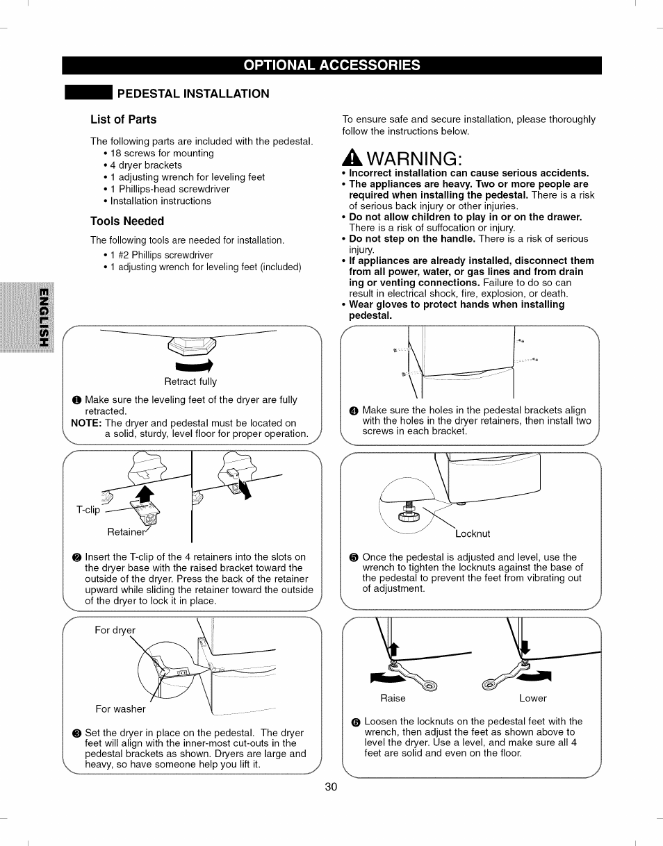 Pedestal installation, List of parts, Tools needed | Incorrect installation can cause serious accidents, Awarning | Kenmore ELITE 796.8051 User Manual | Page 30 / 68
