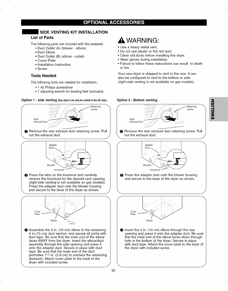 Side venting kit installation list of parts, Tools needed, Option 2 : bottom venting | Side venting kit installation, Awarning, Optional accessories | Kenmore ELITE 796.8051 User Manual | Page 31 / 68