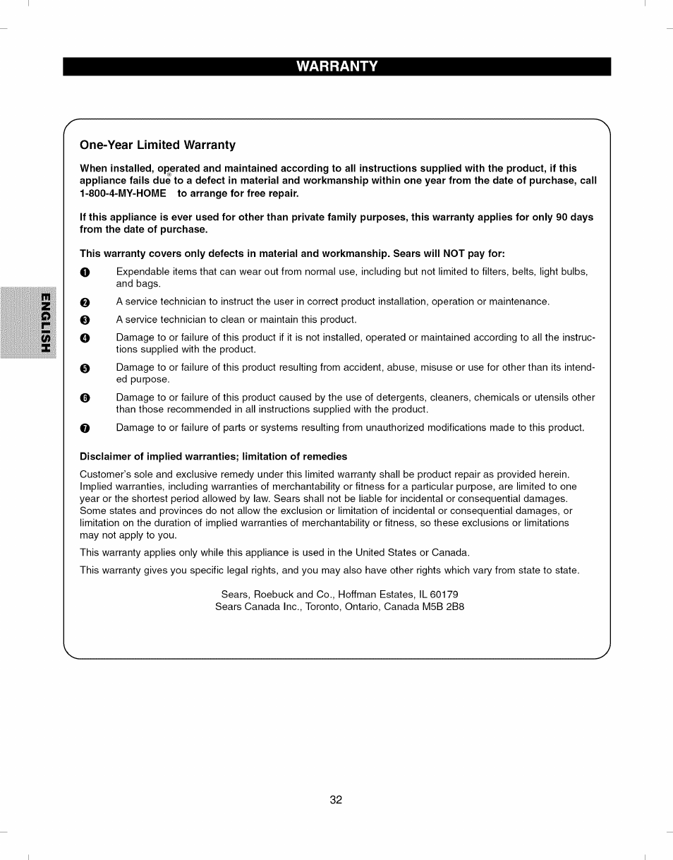 Warranty, One-year limited warranty, 800-4-my-home to arrange for free repair | Kenmore ELITE 796.8051 User Manual | Page 32 / 68