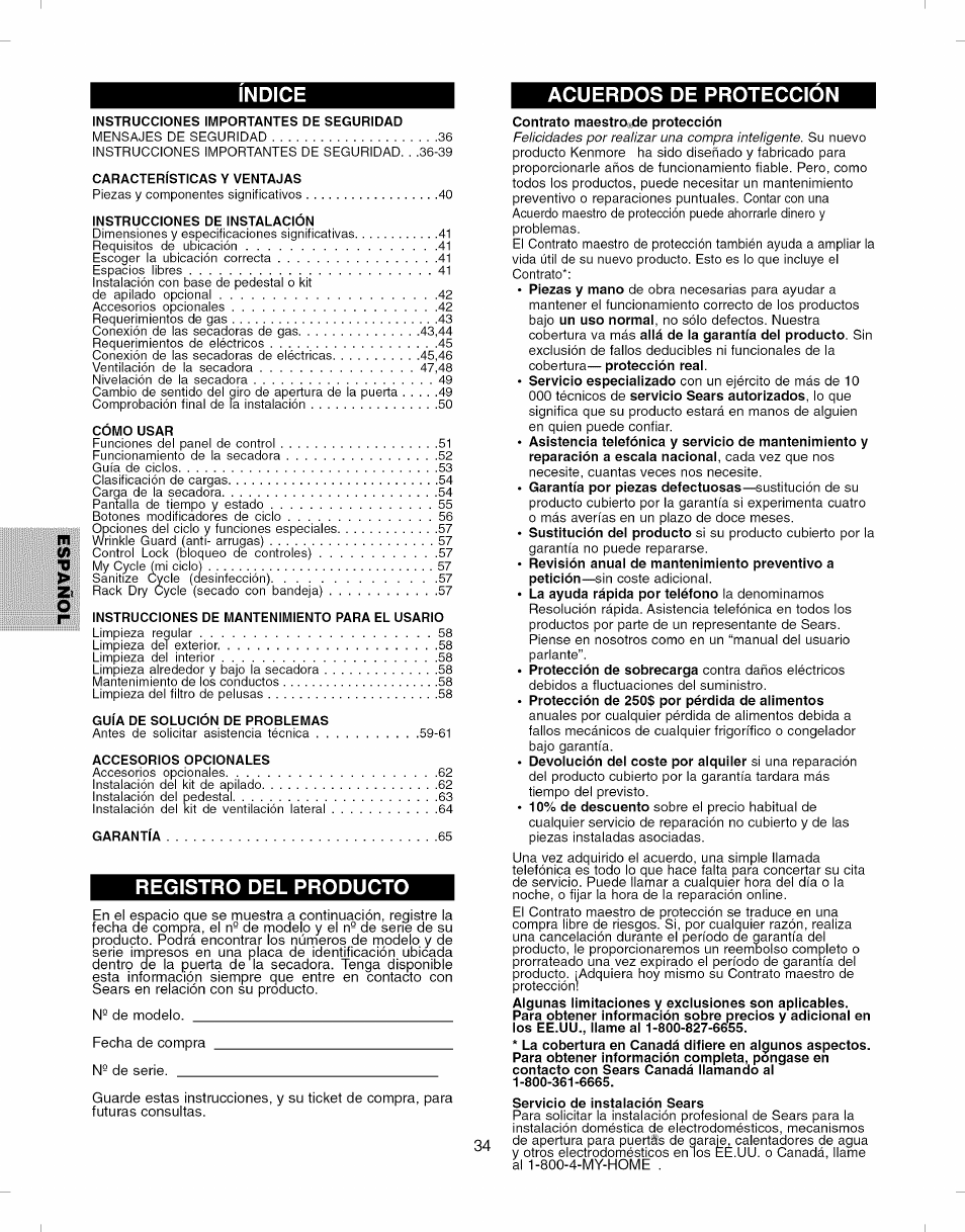 Servicio de instalación sears, Indice acuerdos de proteccion m, Registro del producto | Kenmore ELITE 796.8051 User Manual | Page 34 / 68