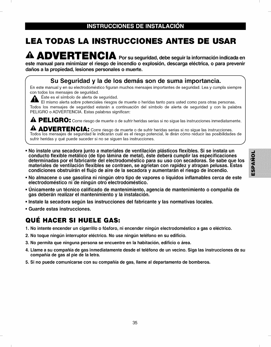 A advertencia, Lea todas la instrucciones antes de usar, A peligro | Qué hacer si huele gas | Kenmore ELITE 796.8051 User Manual | Page 35 / 68