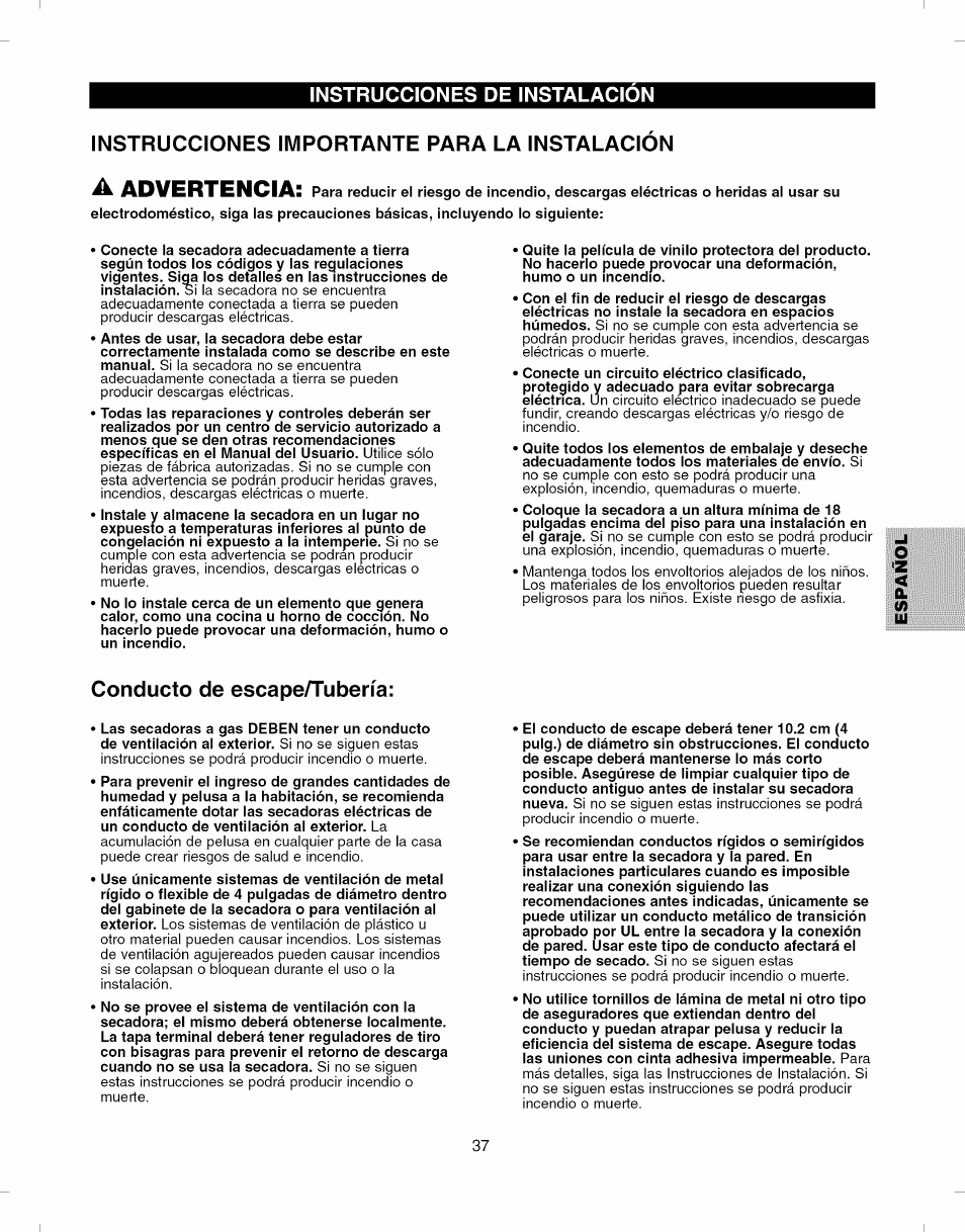 Instrucciones importante para la instalacion, Conducto de escape/tubería, A advertencia | Kenmore ELITE 796.8051 User Manual | Page 37 / 68