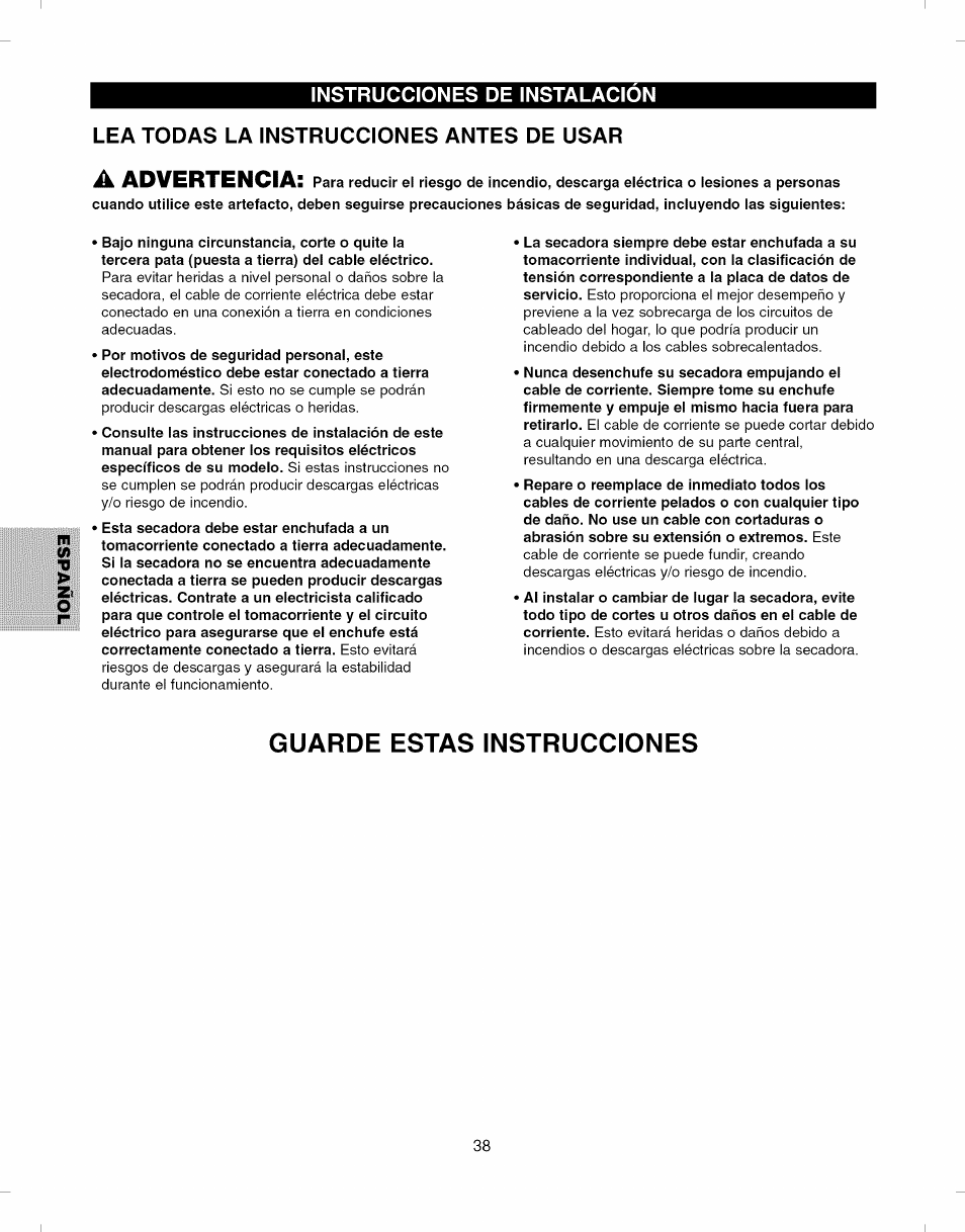 Lea todas la instrucciones antes de usar, Guarde estas instrucciones, Advertencia | Kenmore ELITE 796.8051 User Manual | Page 38 / 68