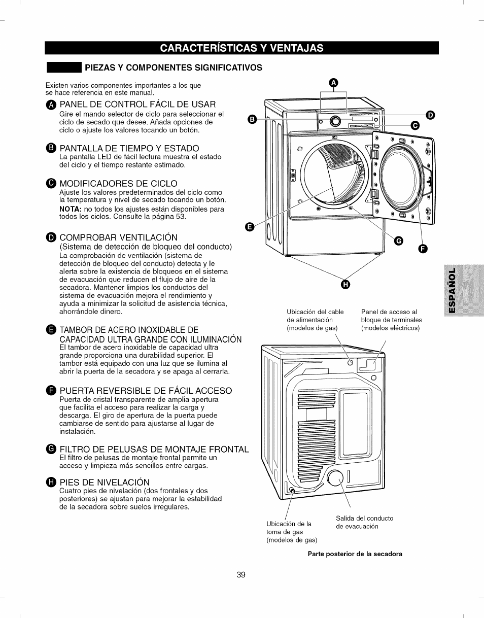 Caracteristicas y ventajas, Piezas y componentes significativos | Kenmore ELITE 796.8051 User Manual | Page 39 / 68