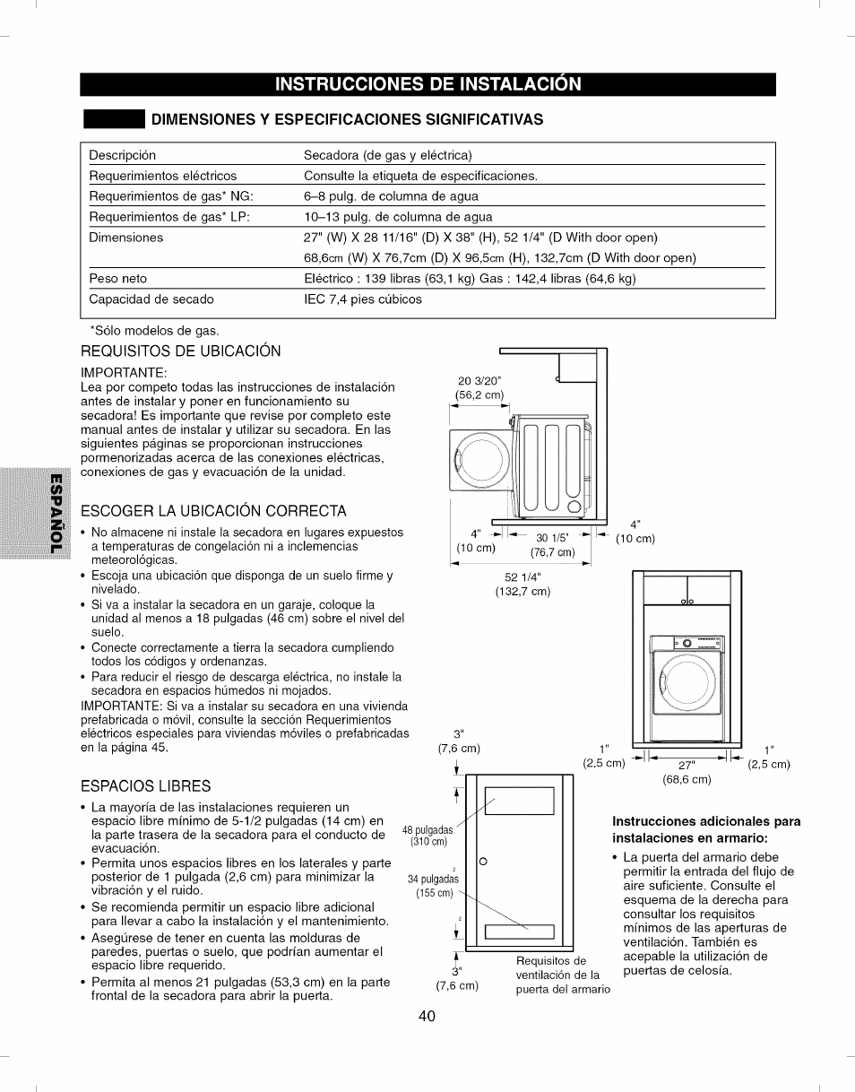 Dimensiones y especificaciones significativas, Instrucciones de instalacion | Kenmore ELITE 796.8051 User Manual | Page 40 / 68