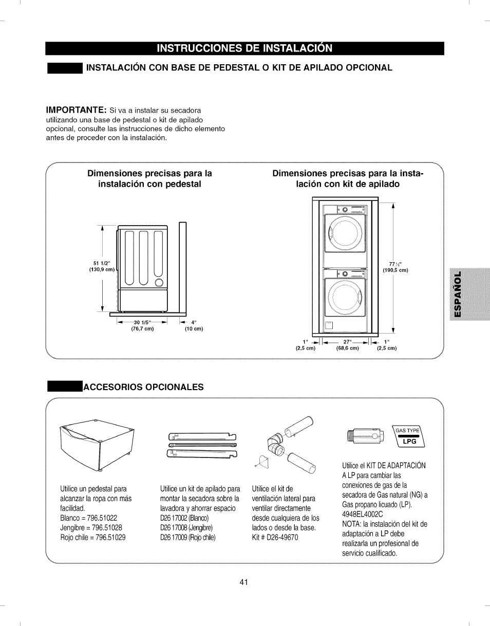 Accesorios opcionales, Instrucciones de instalacion | Kenmore ELITE 796.8051 User Manual | Page 41 / 68