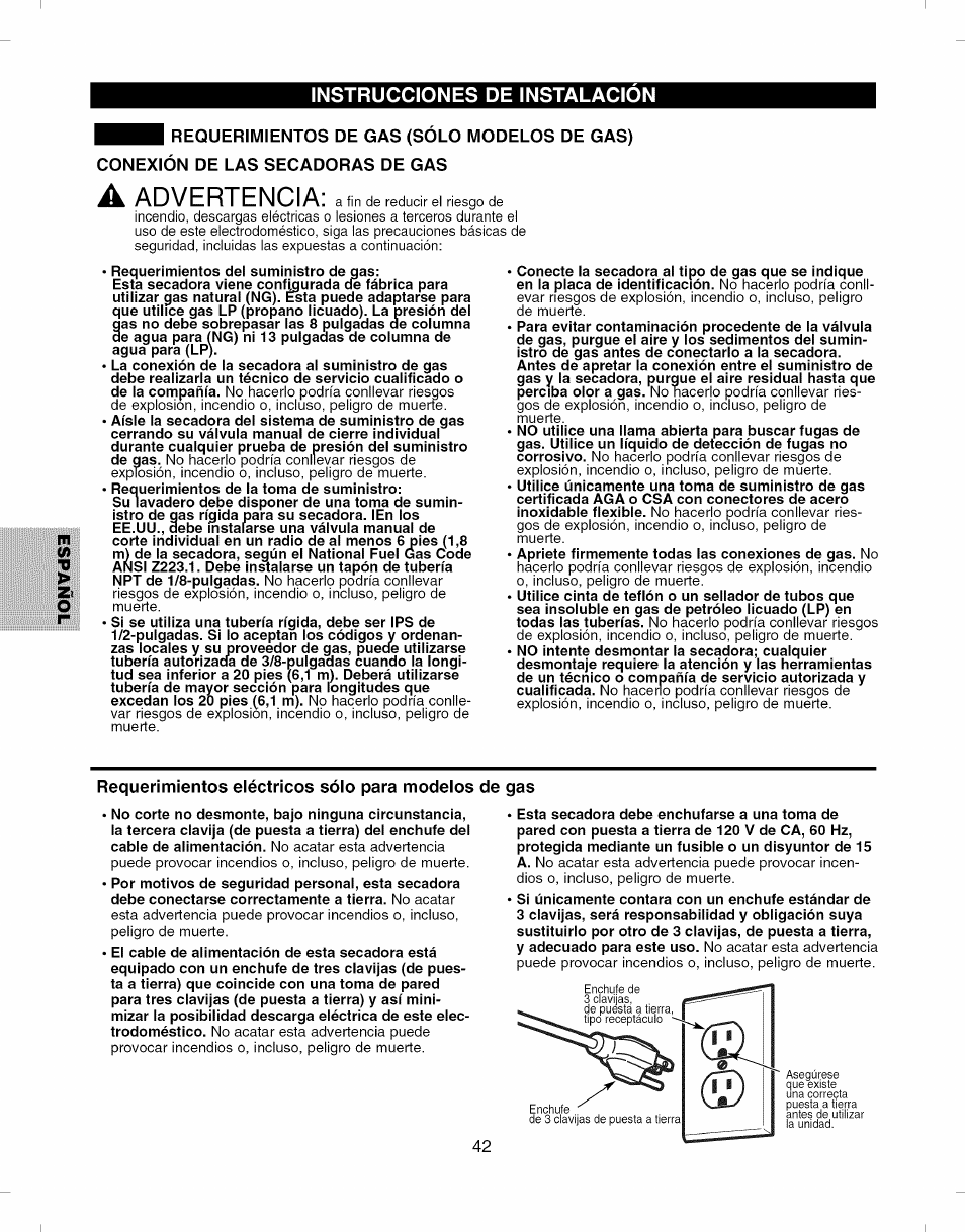 Requerimientos eléctricos sólo para modelos de gas, Advertencia, Instrucciones de instalacion m | Kenmore ELITE 796.8051 User Manual | Page 42 / 68