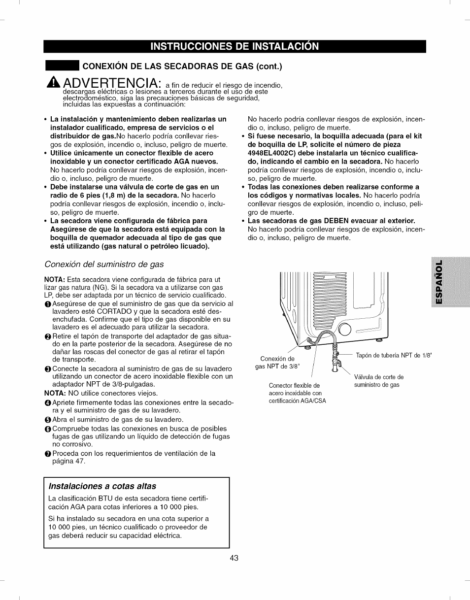 Advertencia, Instrucciones de instalacion | Kenmore ELITE 796.8051 User Manual | Page 43 / 68