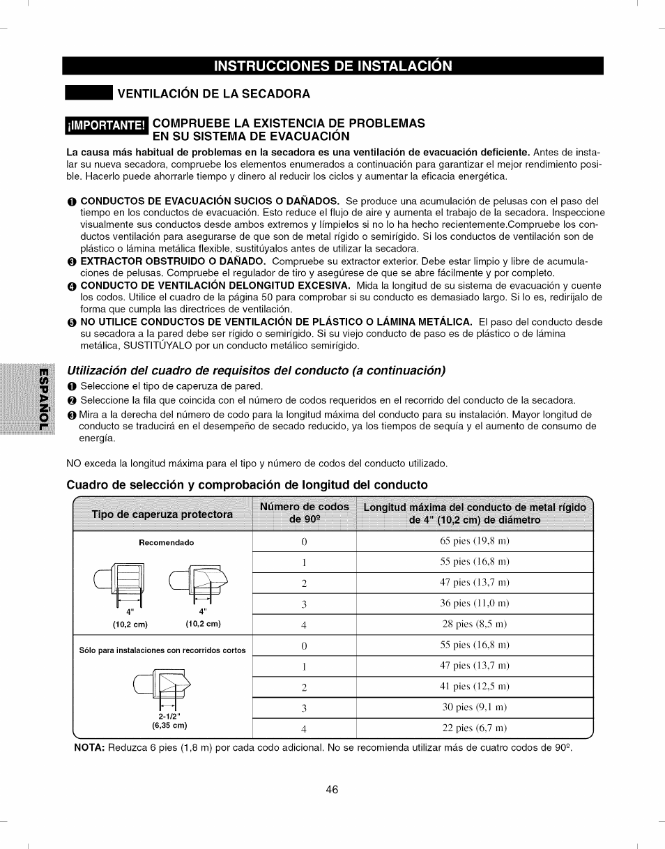 Ventilacion de la secadora, Tipo de caperuza protectora, Ventilación de la secadora ,48 | Instrucciones de instalacion | Kenmore ELITE 796.8051 User Manual | Page 46 / 68