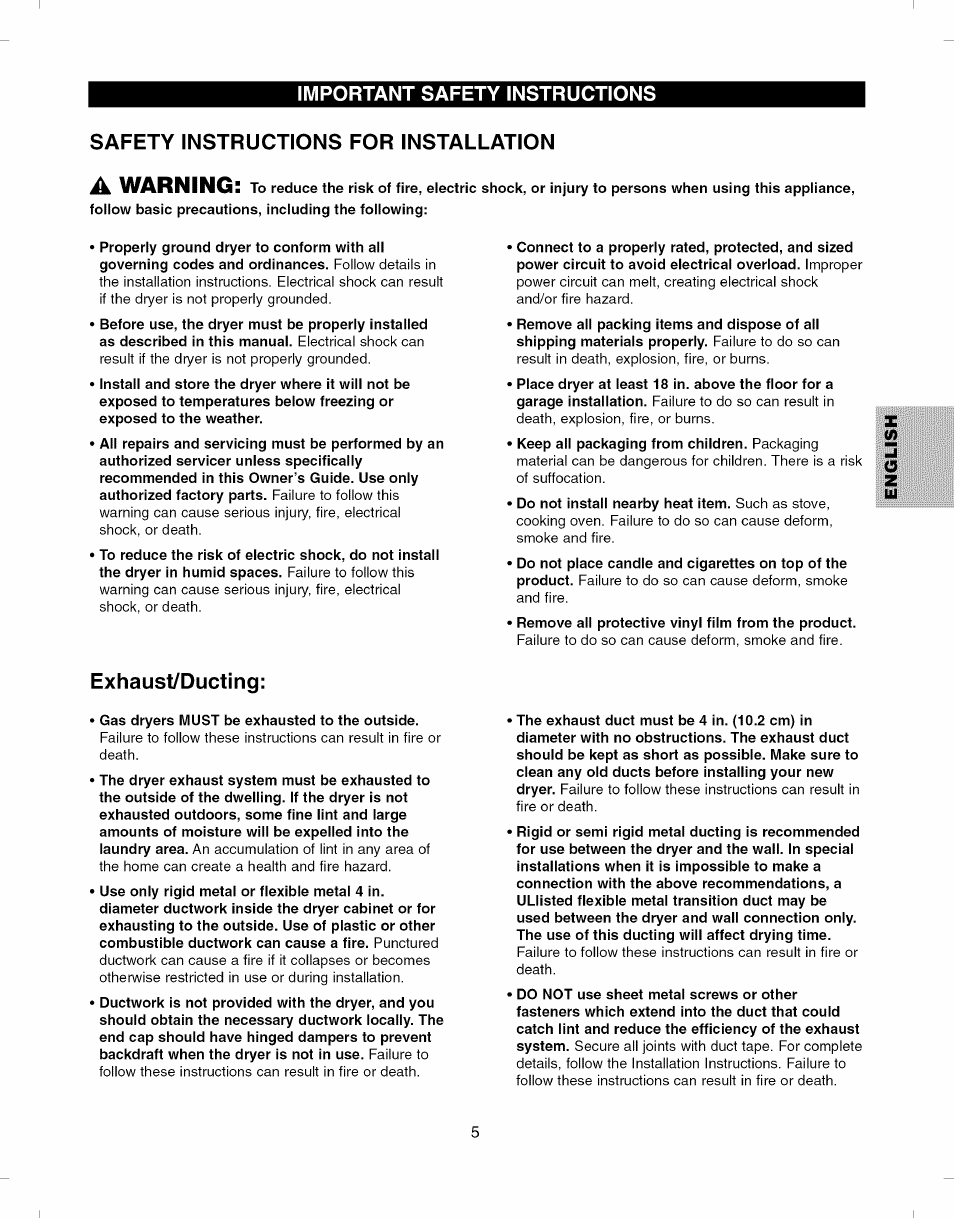 Safety instructions for installation, Exhaust/ducting, A warning | Kenmore ELITE 796.8051 User Manual | Page 5 / 68