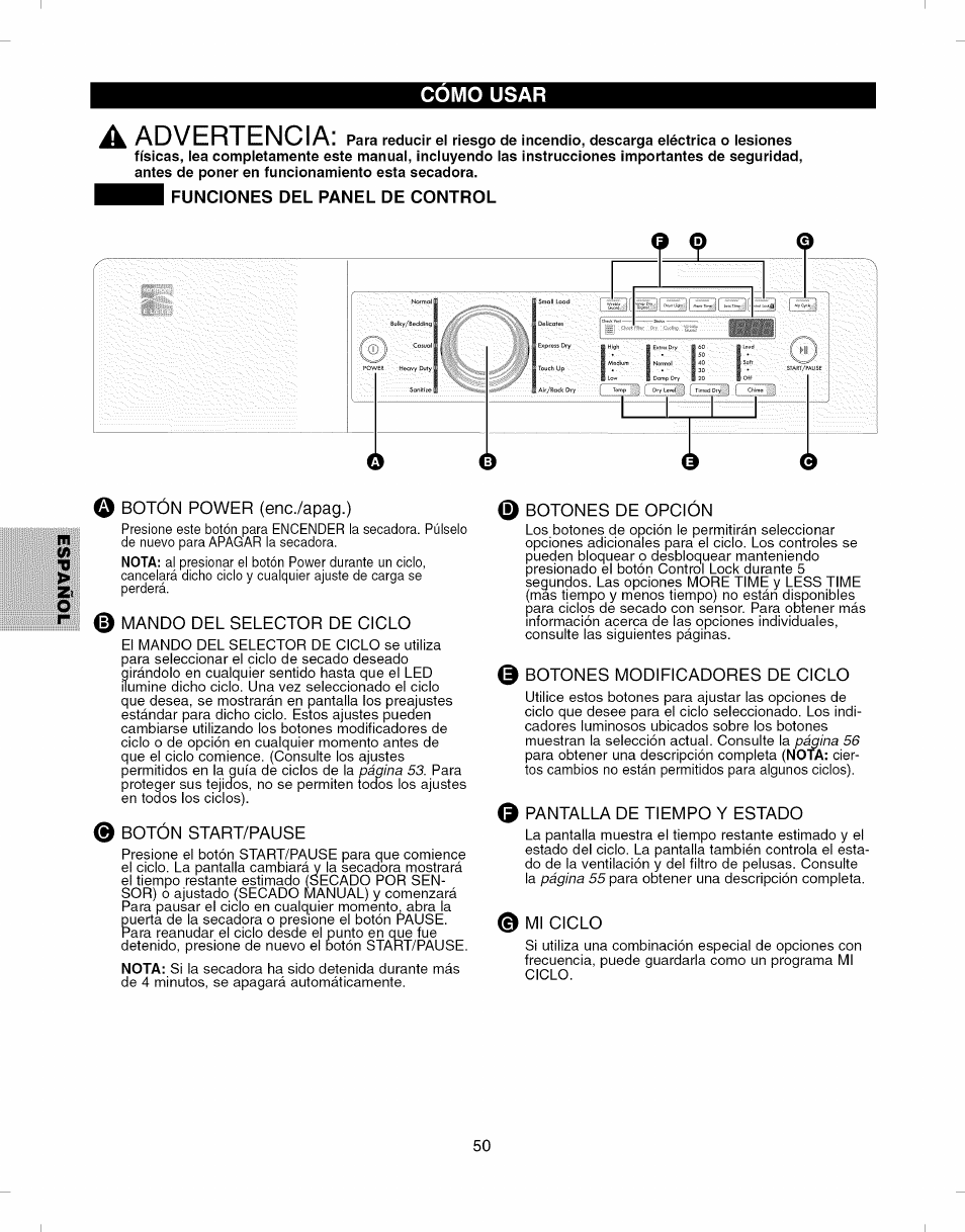 Funciones del panel de control, Advertencia, Como usar | Kenmore ELITE 796.8051 User Manual | Page 50 / 68