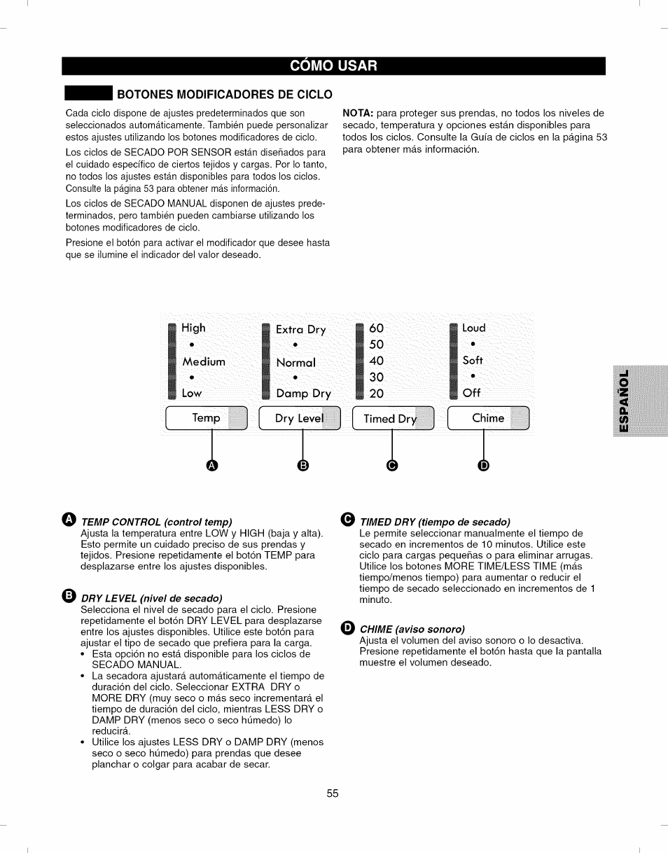 Botones modificadores de ciclo, High, Aaedium | Extra dry, Normal, Loud, Soft | Kenmore ELITE 796.8051 User Manual | Page 55 / 68