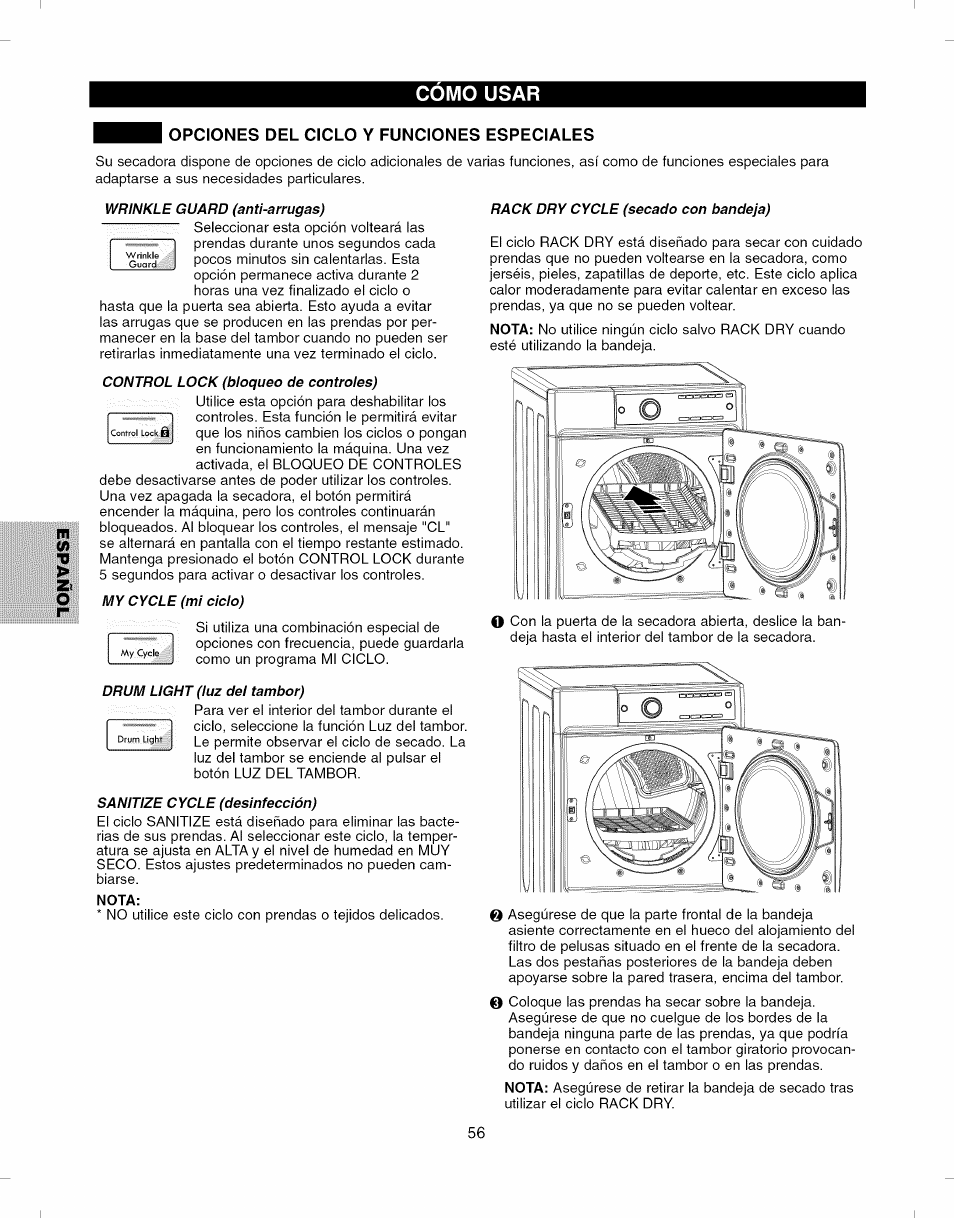 Opciones del ciclo y funciones especiales, Nota, Cpciones del ciclo y funciones especiales | Como usar m | Kenmore ELITE 796.8051 User Manual | Page 56 / 68