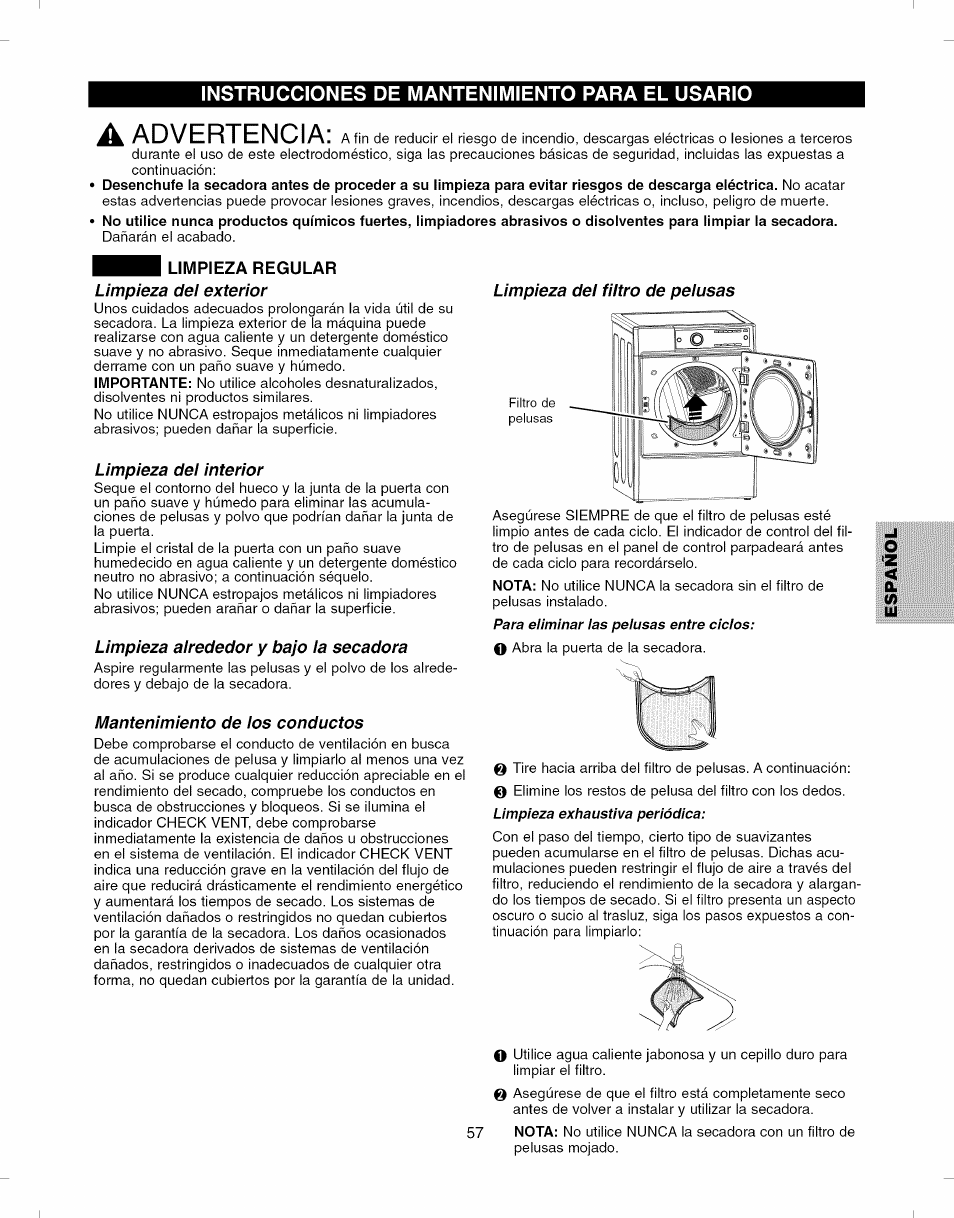 Instrucciones de mantenimiento para el usario, A advertencia | Kenmore ELITE 796.8051 User Manual | Page 57 / 68